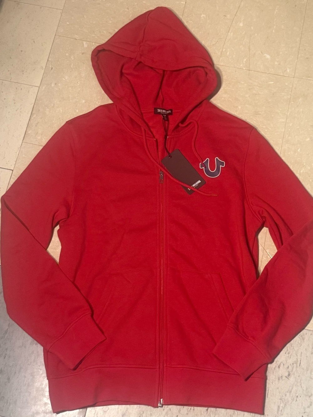 True Religion Mens S Red Full Zip Hooded Fleece Hoodie Logo Graphic Pockets